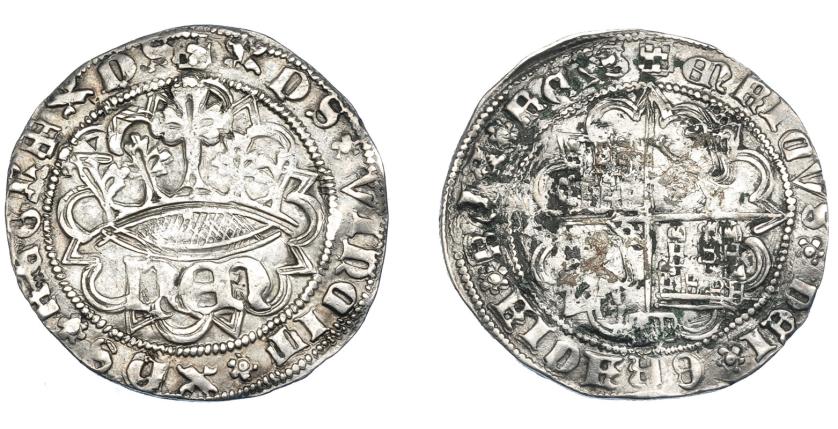 483   -  REINOS DE CASTILLA Y LEÓN. ENRIQUE IV. Real. Segovia. R/ Final de la ley. del rev. GRACIA CIA REX. AR 3,43 g. 26,57 mm. III-712 vte. BMM-905 vte. MBC/BC+.