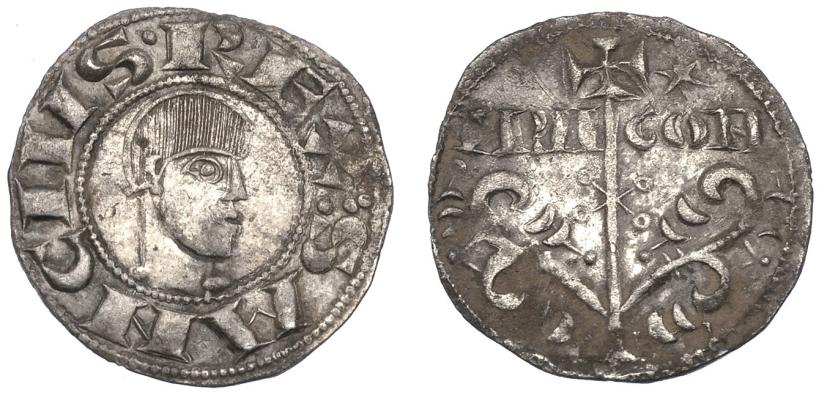 493   -  CORONA DE ARAGÓN. SANCHO RAMÍREZ. Dinero. Jaca (1063-1094). A/ SANCIUS. REX: (tres puntos verticales) comenzando a las 3 h. R/ Estrella a der. de la cruz y aspa con roeles en los extremos en el centro del vástago. AR 1,04 g. 17,91 mm. IV-no. EBC-/MBC+. Muy rara.