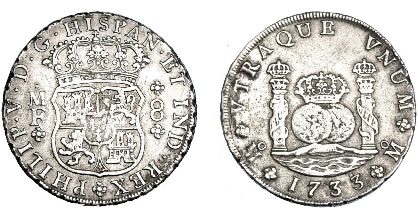 537   -  FELIPE V. 8 reales. 1733. México. MF. AR 26,36 g. VI-1141. Oxidaciones marinas limpiadas y rayitas en rev. MBC-. Rara.