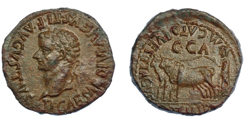 54   -  HISPANIA ANTIGUA. CAESARAUGUSTA. Tiberio. As. A/ Cabeza laureada a der.; TI CAESAR DIVI AVGVSTI F AVGVSTVS. R/ Yunta fundacional a izq., encima C C AM CATO L VETTIACVS II VIR. AE 12,37 g. 29 mm. I-361. APRH-349. ACIP-3075. Rev. ligeramente descentrado. Pátina marrón. MBC+.