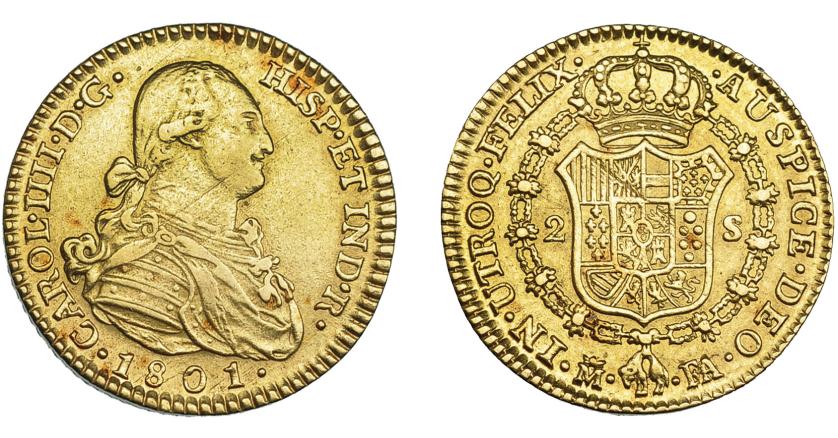 611   -  CARLOS IV. 2 escudos. 1801. Madrid. FA. VI-1052. Rayas de ajuste. MBC+.