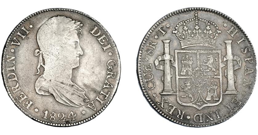 629   -  FERNANDO VII. 8 reales. 1824. Cuzco. T. VI-963. Finas rayas en anv. y porosidades en rev. MBC-/MBC. Escasa.