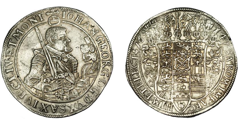 638   -  MONEDAS EXTRANJERAS. ALEMANIA Y ESTADOS ALEMANES. Sajonia. Juan Jorge II. Tálero. 1643. AR 28,36 g. Dav-7612. Pequeñas marcas. MBC+.