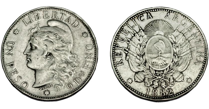 640   -  MONEDAS EXTRANJERAS. ARGENTINA. Peso. 1882. KM-29. Golpe y golpecitos en canto. MBC.