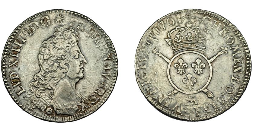 677   -  MONEDAS EXTRANJERAS. FRANCIA. Luis XIV. Écu. 1701. A. KM-298.1. Acuñada sobre otra. Rayas. MBC.