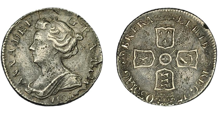 692   -  MONEDAS EXTRANJERAS. GRAN BRETAÑA. Ana. 6 peniques. 1703. "VIGO". KM-516.1. Erosiones y rayitas. MBC.