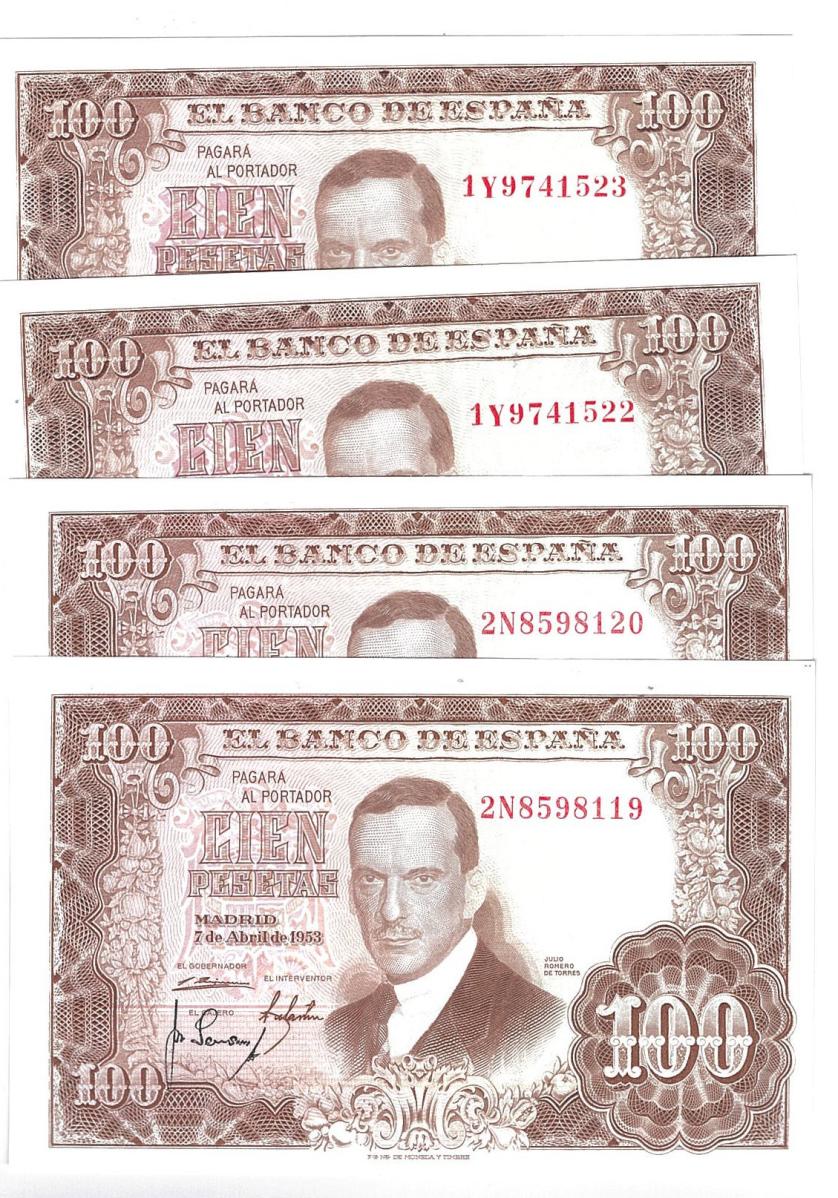 757   -  BILLETES ESPAÑOLES. Lote de dos parejas correlativas. 100 ptas. 7 abril 1953. Series 1Yy 2N. Julio Romero de Torres. ED-D65b. Plancha.