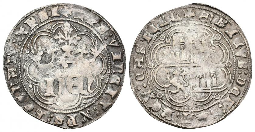 594   -  REINOS DE CASTILLA Y LEÓN. ENRIQUE IV. Real (post. 1471). Burgos. Marca de ceca poco visible. AR 3,26 g. 26,54 mm. III-708.2. Imperatrix E4:28.4. MOMECA-79.A3. Acuñación floja. MBC.