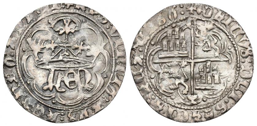 595   -  REINOS DE CASTILLA Y LEÓN. ENRIQUE IV. Real (post. 1471). Cuenca. C y cuenco en los extremos del pie vertical. AR 2,88 g. 25,76 mm. III-710.3. MOMECA-79.A5. MBC+/MBC.