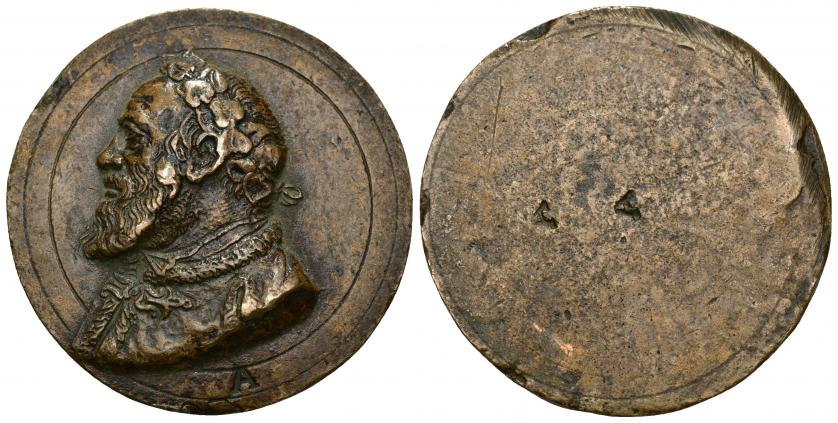 609   -  CARLOS I. Placa unifaz. A/ Busto laureado y con pelliza de Carlos I a izq.; en anv. punzón A y en rev. punzones A A (¿Antonio Abondio?). AE 34,75 g. 42 mm. Bonito retrato. Pequeñas marcas. EBC-.