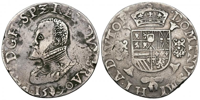 620   -  FELIPE II. Daalder. 1590. Amberes. A/ PHS D G HISP Z REX DVX BRA Z 1590. R/ DOMINVS MIHI ADIVTOR. AR 39,89 g. 30,18 mm. Vanhoudt-362.AN. DEL I-18. MBC-/MBC.