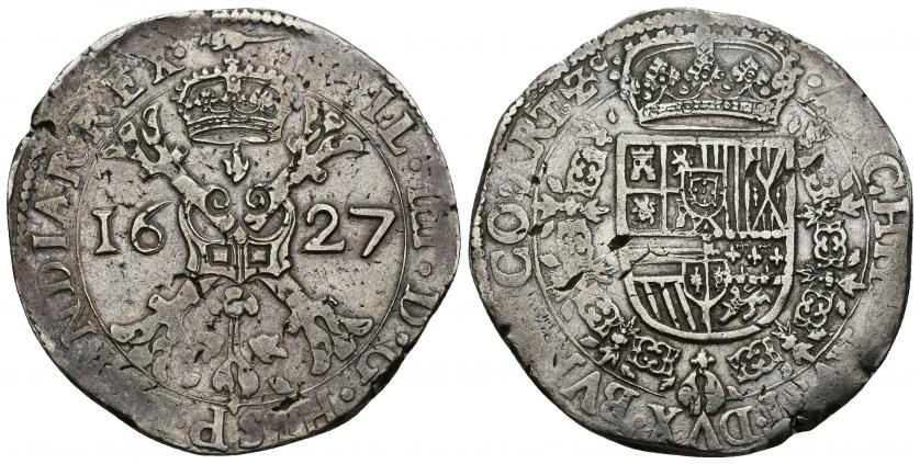 676   -  FELIPE IV. Patagón. Arras. 1627. A/ PHIL IIII D G HISP ET INDIAR REX. R/ ARCHID AVST DVX BVRG CO ART Zc . AR 28,13 g. 42,47 mm. Vanhoudt-645.AR. DEL I-298. Pequeños defectos de cospel. MBC.