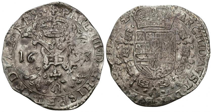 678   -  FELIPE IV. Patagón. Brujas. 1633. A/ PHIL IIII D G HISP ET INDIAR REX. R/ ARCHID AVST DVX BVRG CO FLAN Zc. AR 28,10 g. 41,9 mm. Vanhoudt-645.BG. DEL I-297. MBC+/EBC-.