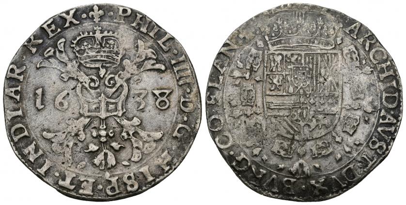 679   -  FELIPE IV. Patagón. 1638. Brujas. A/ PHIL IIII D G HISP ET INDIAR REX.R/ ARCHID AVST DVX BVRG CO FLAN. AR 27,82 g. 41,5 mm. Vanhoudt-645.BG. DEL I-297. MBC.