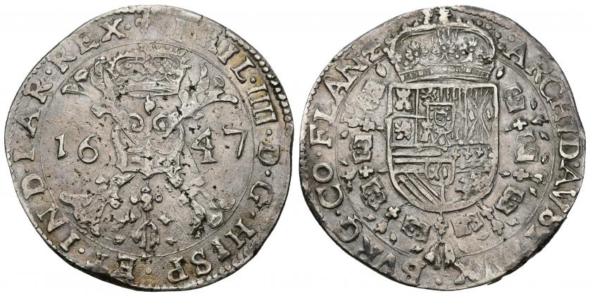 681   -  FELIPE IV. Patagón. Brujas. 1647. A/ PHIL IIII D G HISP ET INDIAR REX. R/ ARCHID AVST DVX BVRG CO FLAN. AR 27,96 g. 43,72 mm. Vanhoudt-645.BG. DEL I-297. Leve plata agria. MBC+.