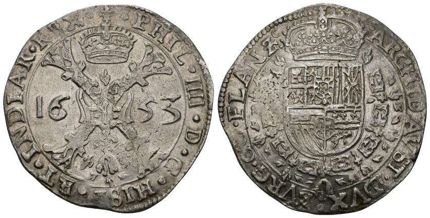 682   -  FELIPE IV. Patagón. Brujas. 1653. A/ PHIL IIII D G HISP ET INDIAR REX. R/ ARCHID AVST DVX BVRG CO FLAN Zc. AR 27,77 g. 43,1 mm. Vanhoudt-645.BG. DEL I-297. EBC-/MBC+.