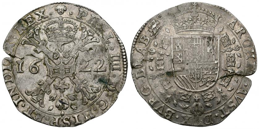 683   -  FELIPE IV. Patagón. Bruselas. 1622. A/ PHIL IIII D G HISP ET INDIAR REX. R/ ARCHID AVST DVX BVRG BRAB Z. AR 28 g. 42,46 mm. Vanhoudt-645.BS. DEL I-295. Cospel abierto. Leve oxidación. MBC+.