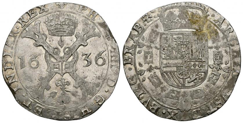 685   -  FELIPE IV. Patagón. Bruselas. 1636. A/ PHIL IIII D G HISP ET INDIAR REX. R/ ARCHID AVST DVX BVRG BRAB Zc . AR 28,31 g. 40,1 mm. Vanhoudt-645.BS. DEL-295. R.B.O. MBC+/EBC-. 