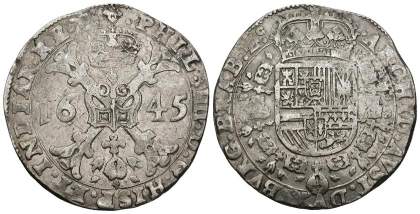 686   -  FELIPE IV. Patagón. Bruselas. 1645. A/ PHIL IIII D G HISP ET INDIAR REX.R/ ARCHID AVST DVX BVRG BRAB Zc. AR 28,14 g. 41,1 mm. Vanhoudt-645.BS. DEL I-295. mbc.