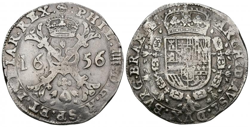 687   -  FELIPE IV. Patagón. Bruselas. 1656. A/ PHIL IIII D G HISP ET INDIAR REX. R/ ARCHID AVST DVX BVRG BRAB Zc . AR 27,48 g. 42,5 mm. Vanhoudt-645.BS. DEL I-295. MBC/MBC-.