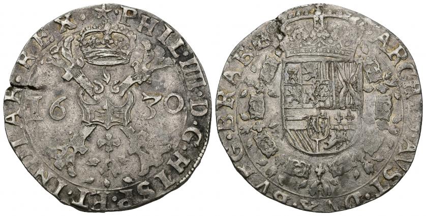 691   -  FELIPE IV. Patagón. Maastricht. 1630. A/ PHIL IIII D G HISP ET INDIAR REX. R/ ARCHID AVST DVX BVRG BRAB Zc . AR 28,07 g. 41 mm. Vanhoudt-645.MA. DEL I-294. Cospel abierto. MBC+/EBC-.