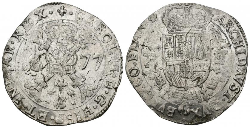 706   -  CARLOS II. Patagón. Brujas. 1677. A/ CAROL II D G HISP ET INDIAR REX.R/ ARCHID AVST DVX BVRG CO FLAN Zc . AR 27,73 g. 43,5 mm. Vanhoudt-698.BG. DEL I-344. Ligera plata agria. R.B.O. EBC-.