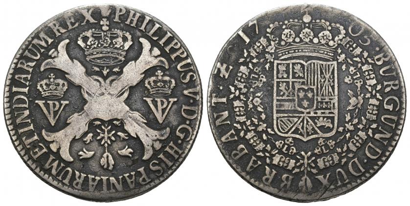 719   -  FELIPE V. Patagón. Amberes. 1705. A/ PHILIPPVS V D G HISPANIARVM ET INDIARVM REX. R/ BURGUND DUX BRABANT Zc 1705. AR 27,88 g. 39,1 mm. Vanhoudt-738.AN. DEL I-355. MBC-.