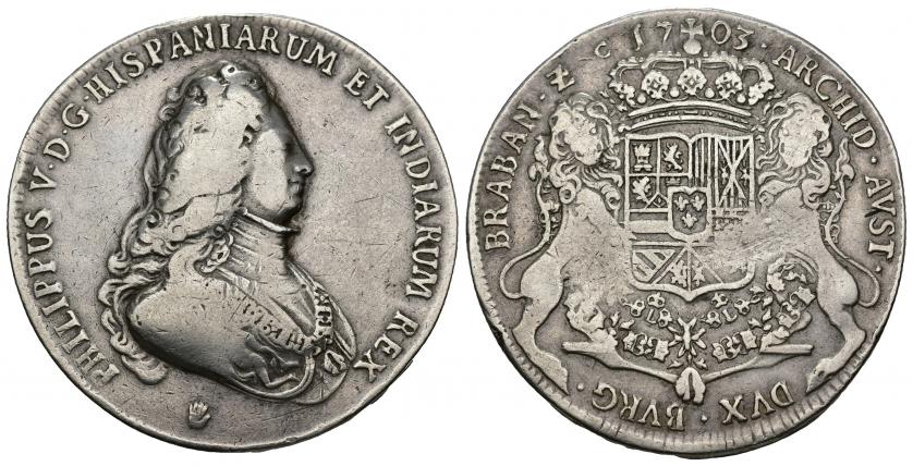 720   -  FELIPE V. Ducatón. 1703. Amberes. AR 31,86 g. 42,9 mm. DEL I-354. Dav-1703. Vanhoudt-736. Vanos. MBC-.