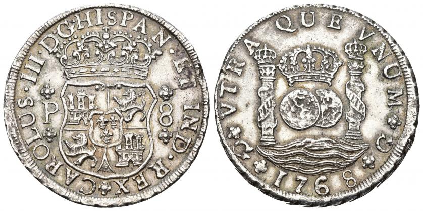 737   -  CARLOS III. 8 reales. 1768. Guatemala. P. AR 27 g. 40,3 mm. VI-853. Pequeño defecto de acuñación en gráfila. Bonita acuñación. EBC-.