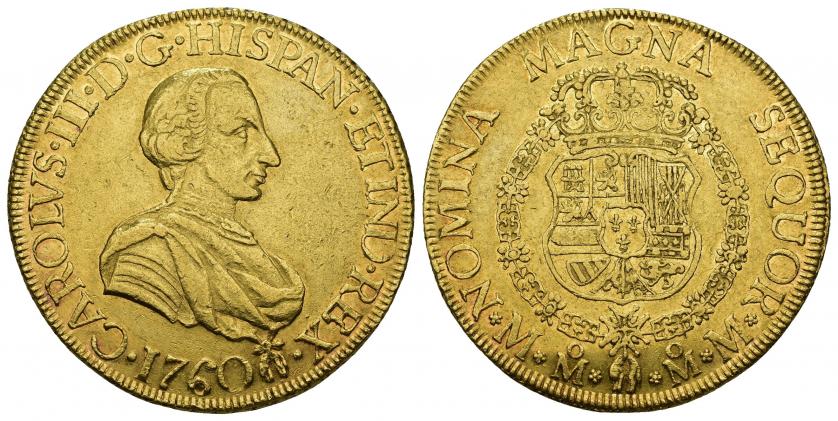 757   -  CARLOS III. 8 escudos. 1760. México MM. Tosión tras la fecha. AU 27,01 g. 36,3 mm. VI-1631. Pequeñas marcas. R.B.O. MBC+/EBC-. Rara.