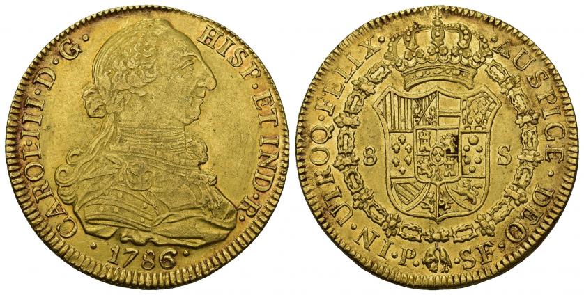 762   -  CARLOS III. 8 escudos. 1786. Popayán. S/F. AU 27,05 g. 36,9 mm. VI-1725. MBC+/EBC-. 