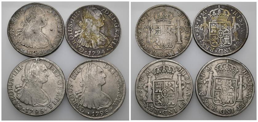 771   -  CARLOS IV. Lote de 4 monedas de 8 reales: México (1794, 1795, 1796 y 1797). BC+/MBC.