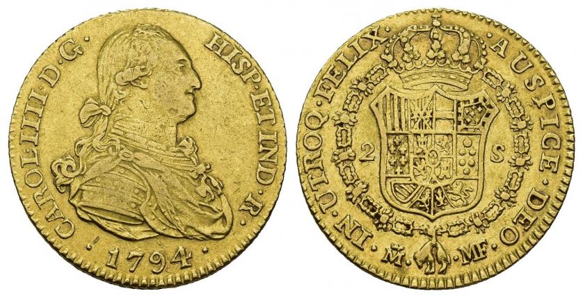 777   -  CARLOS IV. 2 escudos. 1794. Madrid. MF. AU 6,7 g. 21,7 mm. VI-1043. Pequeñas marcas. MBC.