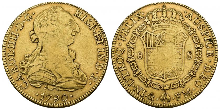 783   -  CARLOS IV. 8 escudos. 1790. México. FM. Numeral del rey IIII. AU 26,95 g. 37,3 mm. VI-1326. Acuñación floja en rev. MBC-/MBC. Escasa.