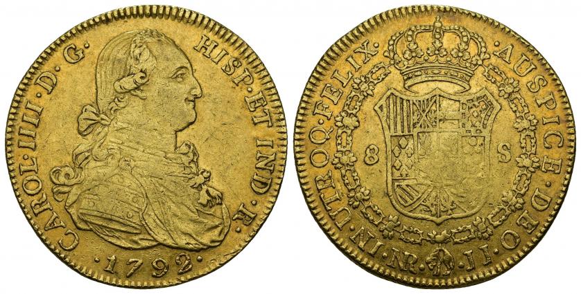 784   -  CARLOS IV. 8 escudos. 1792. Nuevo Reino. JJ. AU 27 g. 37,4 mm. VI-1350. Acuñación floja en rev. MBC.