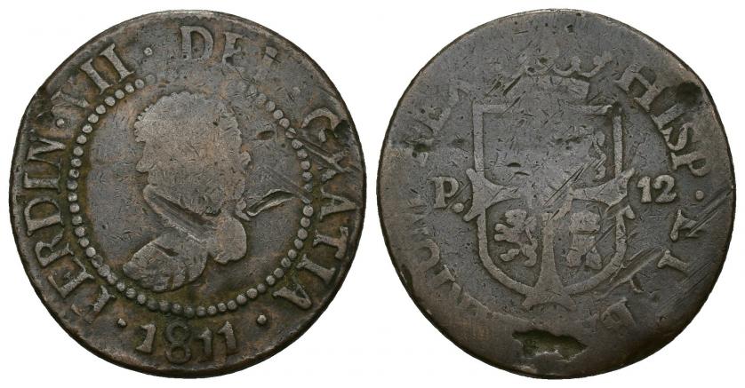 789   -  FERNANDO VII. 12 dineros. 1811. Mallorca. Posiblemente falsa de época. En cualquier caso, muy rara. Golpes y rayas. BC+/BC-.