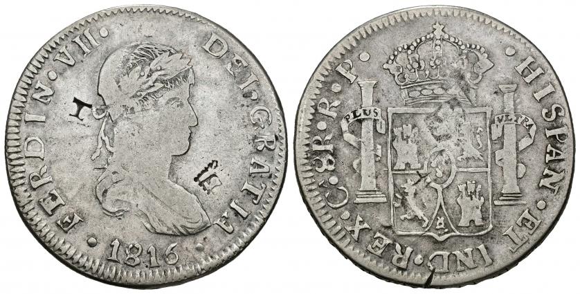 794   -  FERNANDO VII. 8 reales. 1816. Chihuahua. RP. AR 25,08 g. 41,17 mm. VI-970. Rayita en anv. Leve doble acuñación en rev. MBC para esta serie.