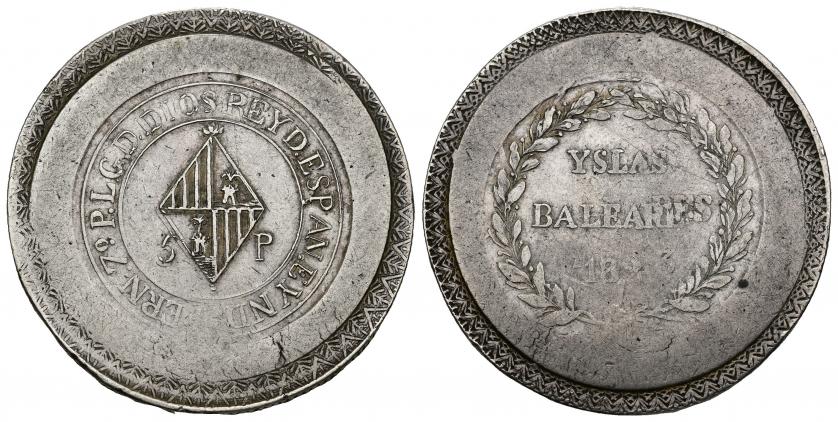 798   -  FERNANDO VII. 5 pesetas. 1823. Islas Baleares. Ley. REY D. ESPAN. E YND. AR 27 g. 39,2 mm. Acuñación floja. MBC-/MBC. 