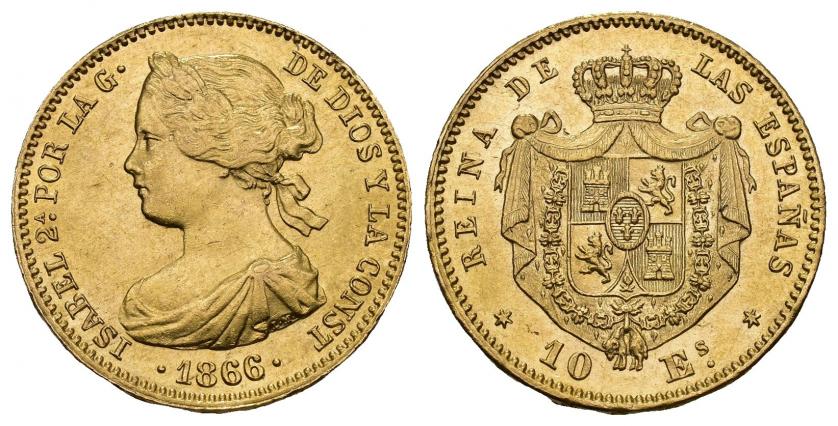 830   -  ISABEL II. 10 escudos. 1866. Madrid. AU 8,4 g. 22,36 mm. VI-666. Mínimo golpecito en gráfila. EBC+. Rara.