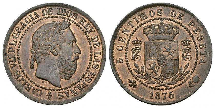 832   -  CARLOS VII. 5 céntimos. 1875. Bruselas. Reverso girado 200º. AR 4,86 g. 25,47 mm. VII-116.1 vte. Acuñación floja en rev. R.B.O. EBC.