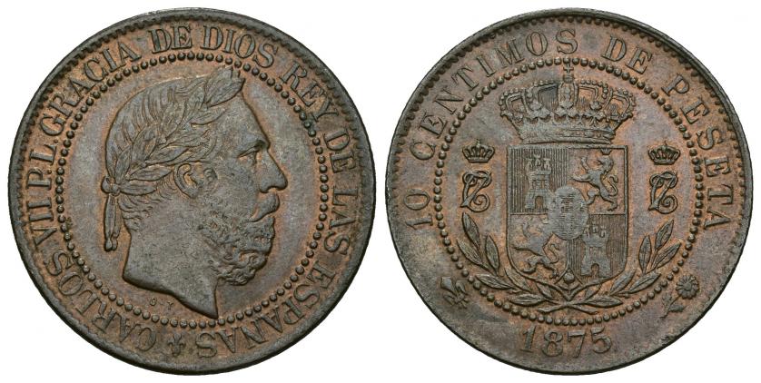 833   -  CARLOS VII. 10 céntimos. 1875 Bruselas. Rev. Girado 180º. AR 10,29 g. 30,34 mm. VII-117.1. Acuñación floja en rev. R.B.O. MBC+.