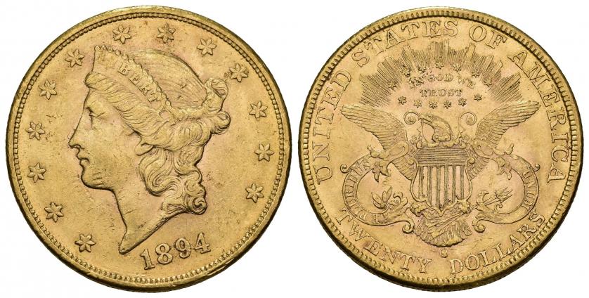 868   -  MONEDAS EXTRANJERAS. ESTADOS UNIDOS DE AMÉRICA. 20 dólares. 1894-S. AU 33,47 g. 34,3 mm. KM-74.3. Marcas. R.B.O. MBC/EBC-.