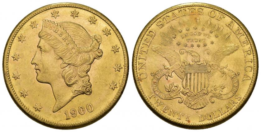 870   -  MONEDAS EXTRANJERAS. ESTADOS UNIDOS DE AMÉRICA. 20 dólares. 1900-S. AU 33,48 g. 34,2 mm. KM-74.3. B.O. EBC+.