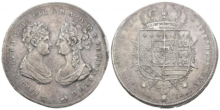 881   -  MONEDAS EXTRANJERAS. ESTADOS ITALIANOS. Reino de Etruria. Francescone. 1807. Carlos IV y María Luisa, infantes de España. AR 27,25 g. 42,1 mm. C-50.1. MBC. Escasa.