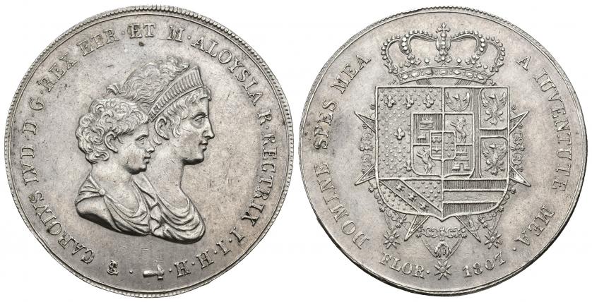 882   -  MONEDAS EXTRANJERAS. ESTADOS ITALIANOS. Reino de Etruria. 10 liras. 1807. Carlos IV y Eloísa, infantes de España. AR 39,43 g. 44 mm. C-49.2. EBC-. Escasa.