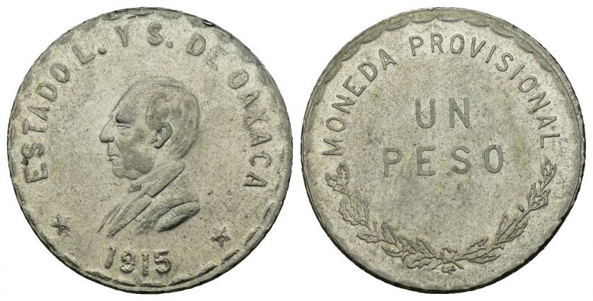 884   -  MONEDAS EXTRANJERAS. MÉXICO. Un peso. Gobierno Provisonal. 1915. Oaxaca. AR 8,21 g. 26,2 mm. KM-740.1. R.B.O. MBC+.