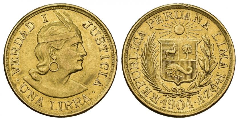 886   -  MONEDAS EXTRANJERAS. PERÚ. 1 libra. 1904. AU 7,98 g. 21,8 mm. KM-207. R.B.O. EBC-.