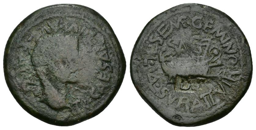 119   -  HISPANIA ANTIGUA. ARSE-SAGUNTUM. Tiberio. As. A/ Cabeza a der.; TI CAESAR DIVI AVG F AVG poco visible. R/ Galera a der., encima SAG; L SEM GEMINO L VAL SVRA II VIR. AE 14,69 g. 29,3 mm. I-2091. APRH-202b. ACIP-3237a. Pátina verde. BC+. Compra privada Pliego (2000).