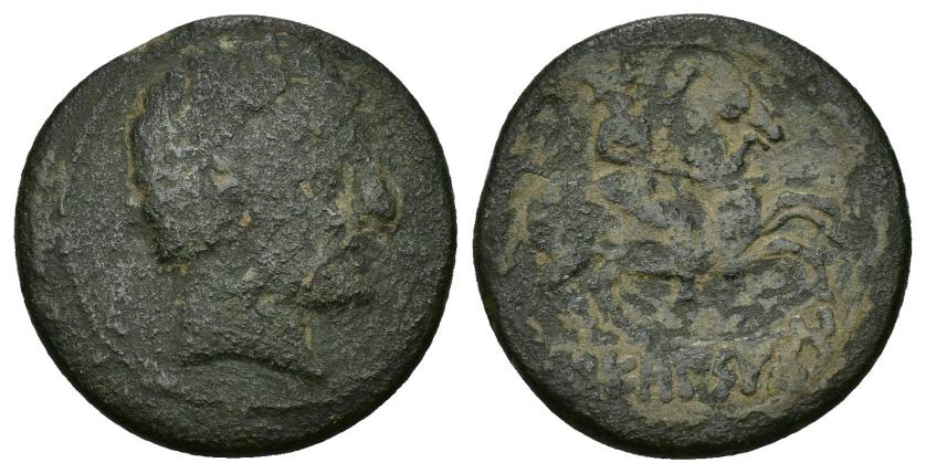 127   -  HISPANIA ANTIGUA. SEKAISA. Unidad. A/ Cabeza masculina a der. R/ Jinete a der., debajo SEKaISAKoM. AE 7,6 g. 24,3 mm. I-2116. ACIP-1540. RC/BC-.