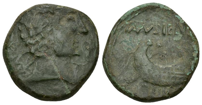 147   -  HISPANIA ANTIGUA. TAMUSIENS. As. A/ Cabeza masculina a der., delante delfín, detrás signos ibéricos TaM. R/ Nave con remeros a der., encima TAMVSIEN(SI). AE 18,77 g. 19,85 mm. I-2263. ACIP-2503. Rev. algo descentrado. Raya en anv. Pátina verde con erosiones. MBC-. Muy rara.